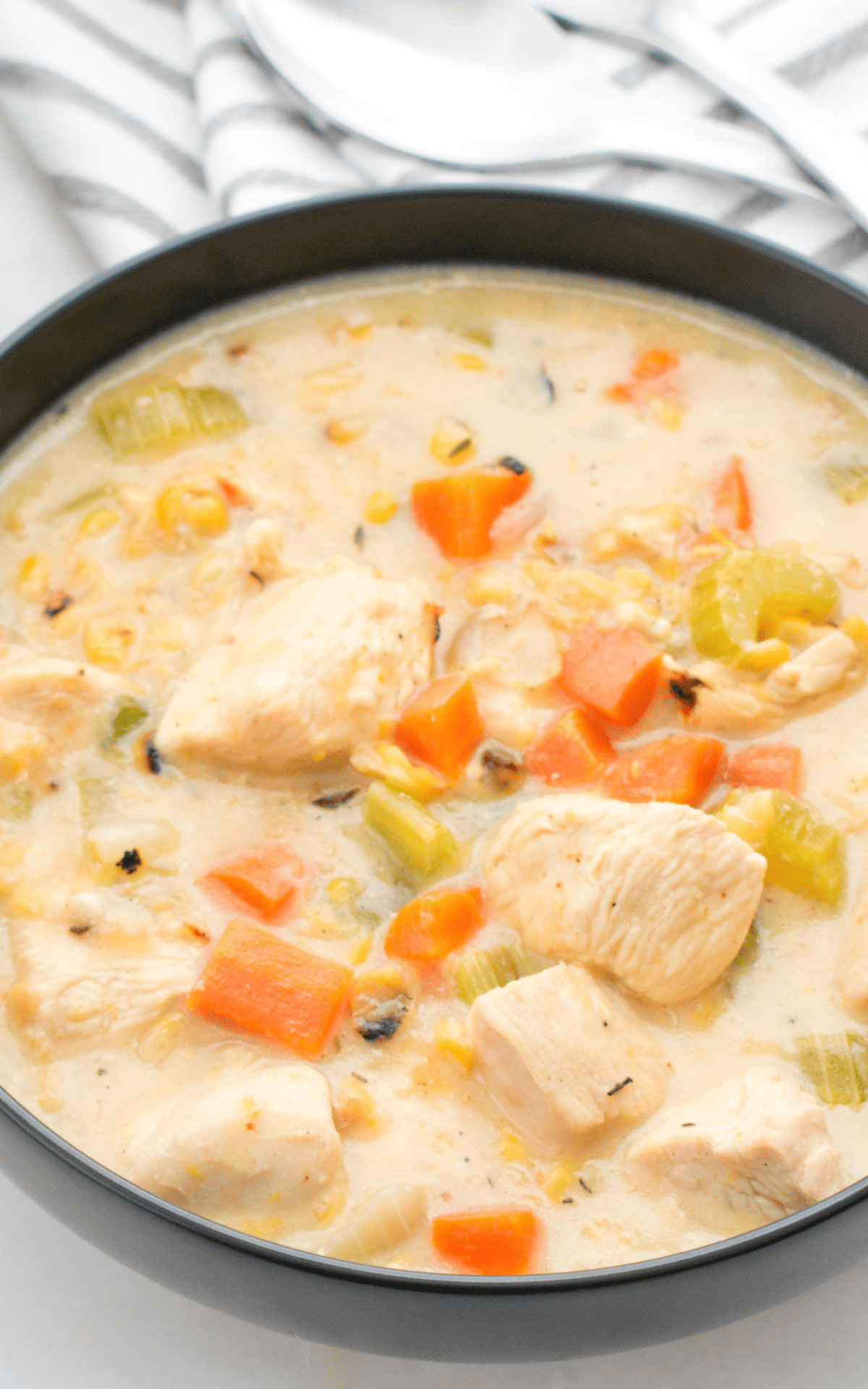 a bowl of slow cooker turkey and corn chowder.