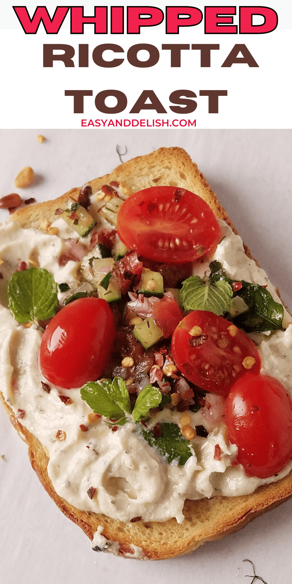 close up image of a Ricotta toast with a savory topping. 