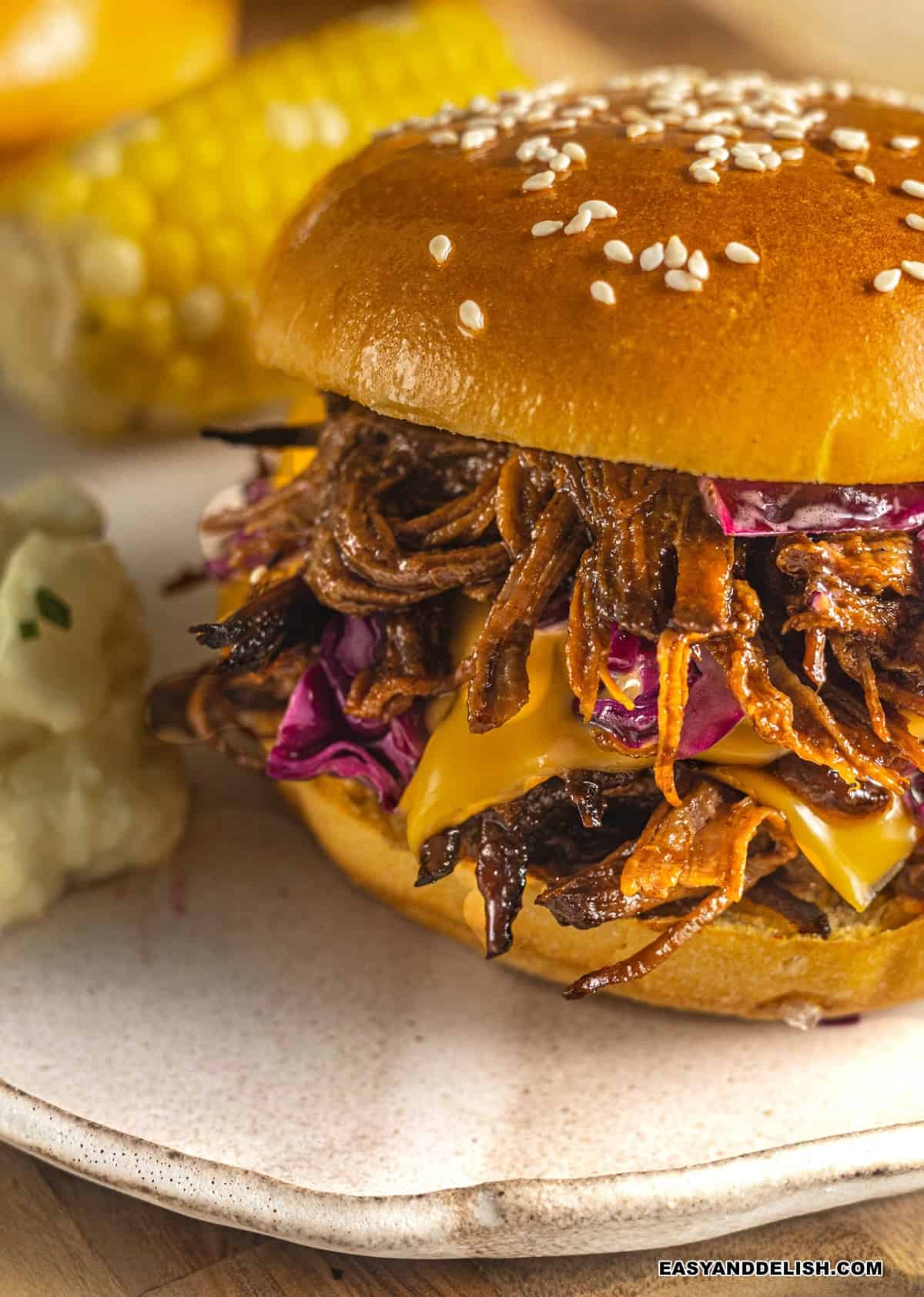 a plate with tender and juicy brisket sandwich with bbq sauce, melted cheese, and coleslaw.  