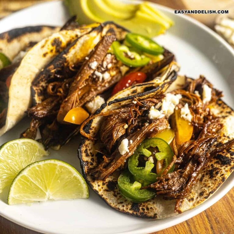 close up of brisket breakfast tacos in a plate.