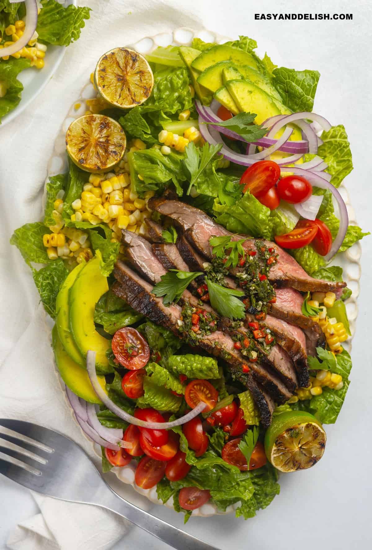 A large platter of grilled flank steak salad.