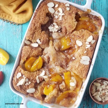 close up of easy lazy man's peach cobbler with canned peaches and toasted almonds on top.