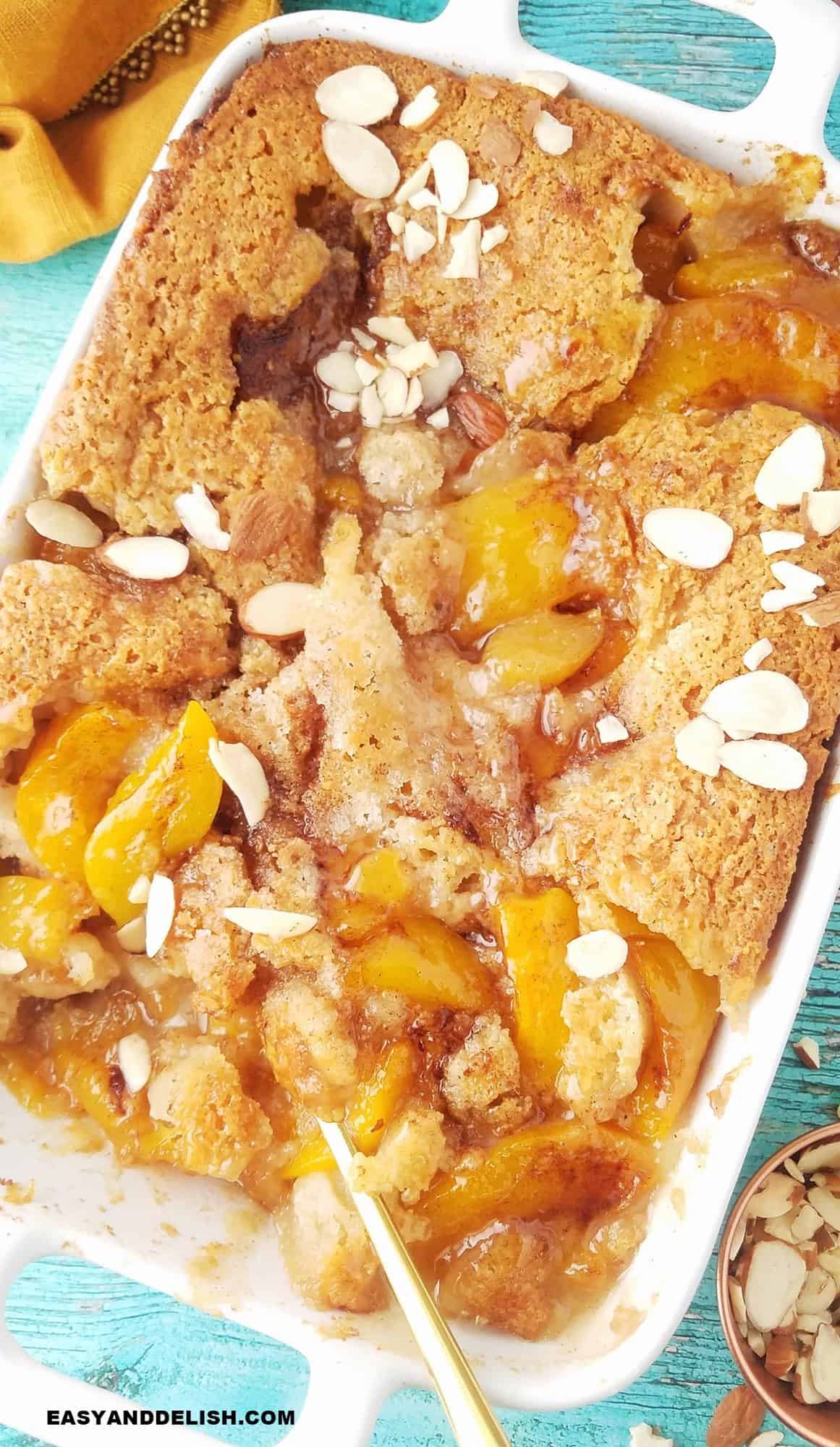 easy lazy man's peach cobbler partially eaten.