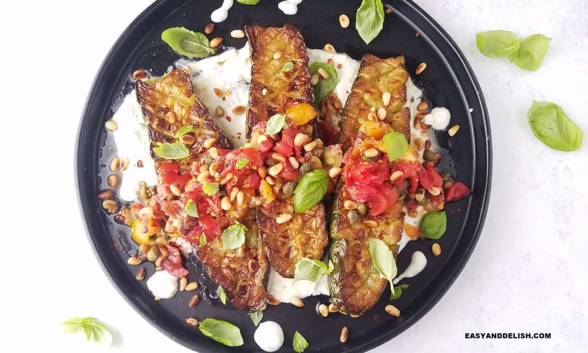 Oven-roasted zucchini in a plate.