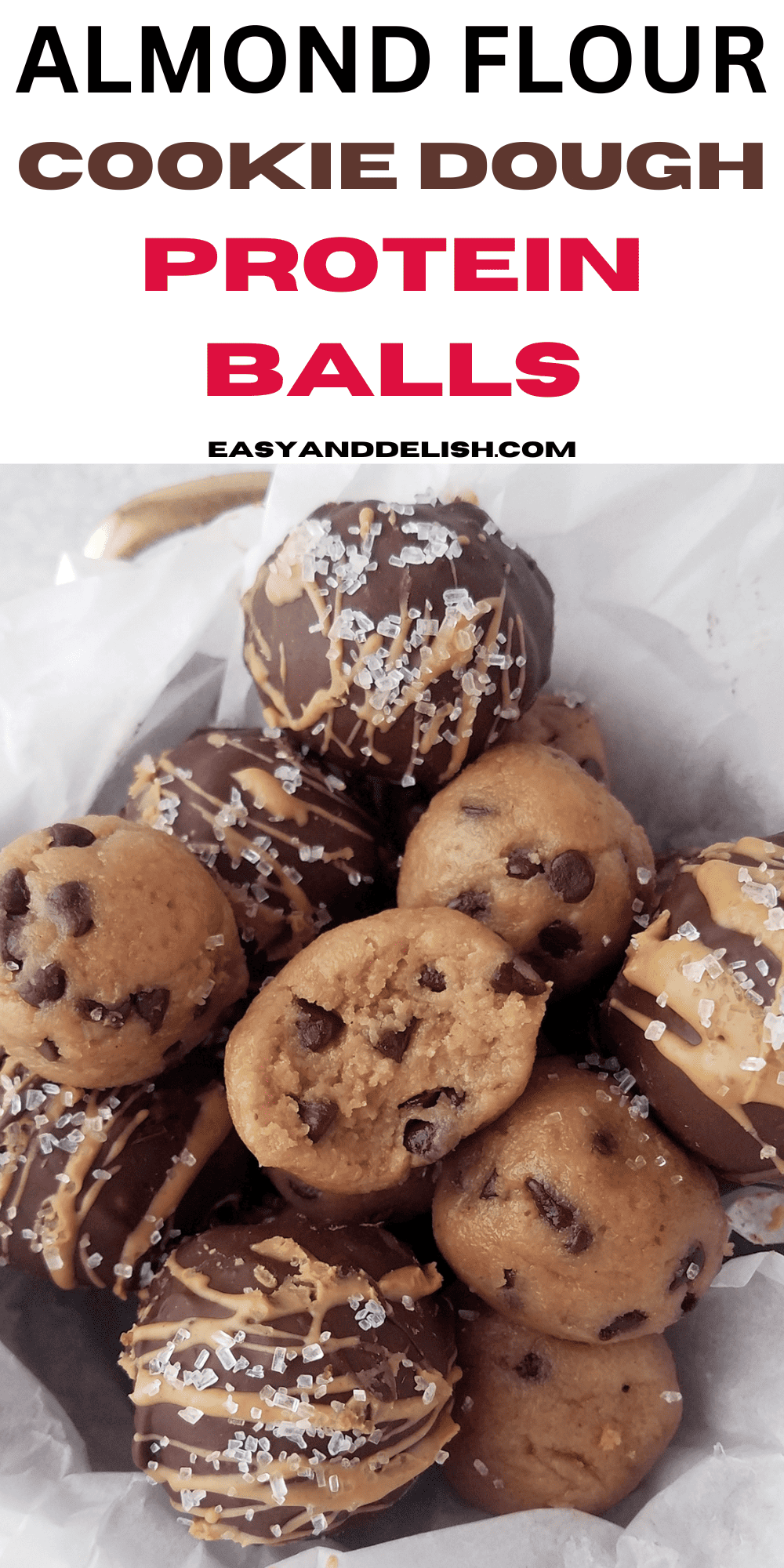 close up of almond flour cookie dough protein balls. 