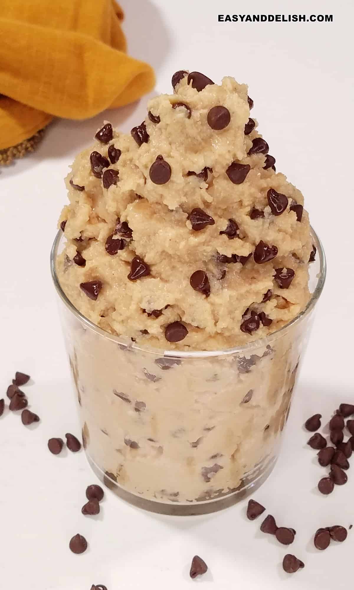 keto raw cookie dough with chocolate chips in a glass.