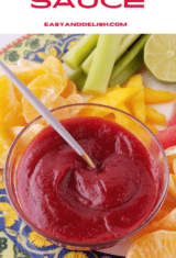pins showing close up of chamoy sauce with sliced fruits around it.