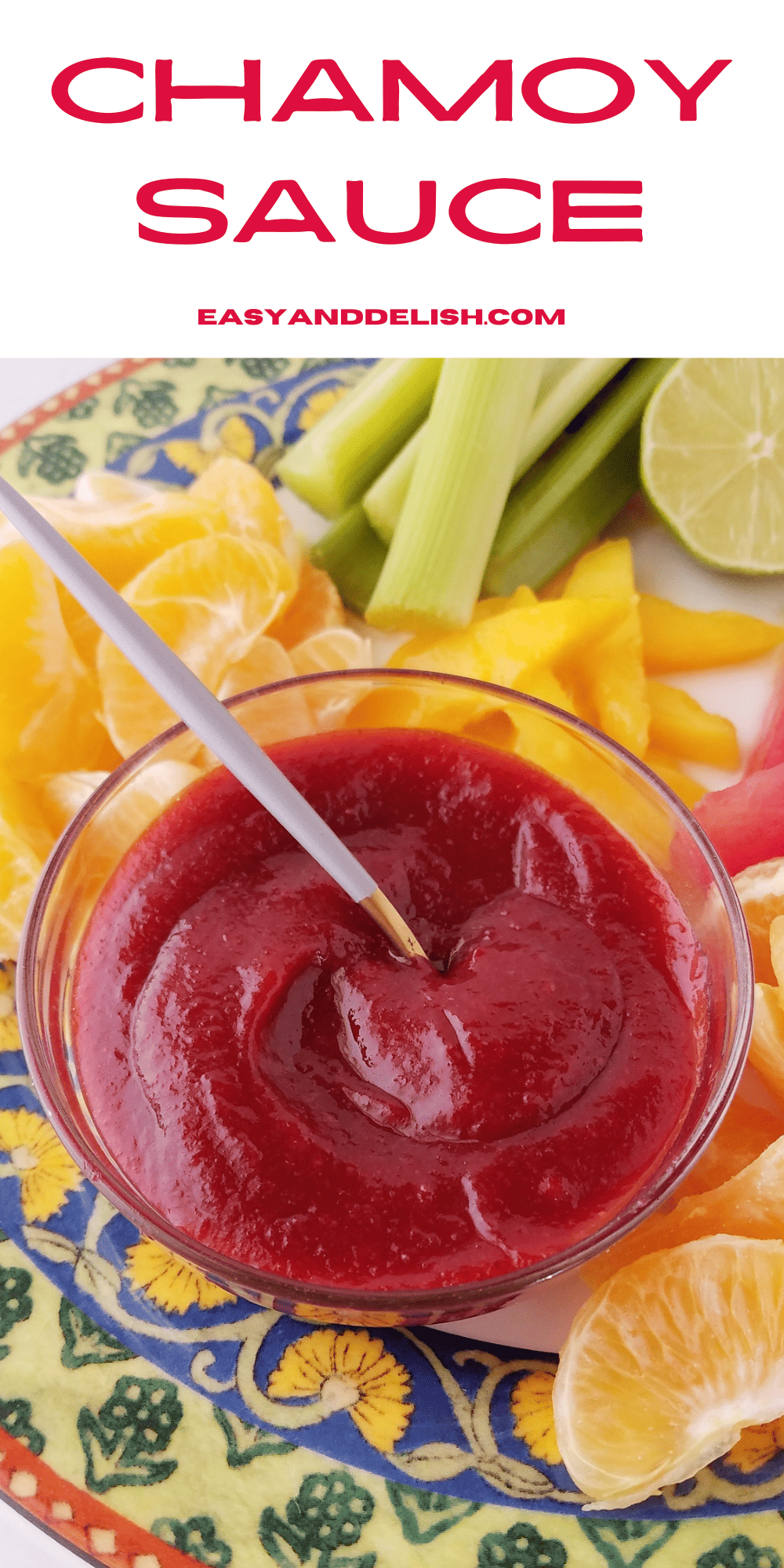 pins showing close up of chamoy sauce with sliced fruits around it.