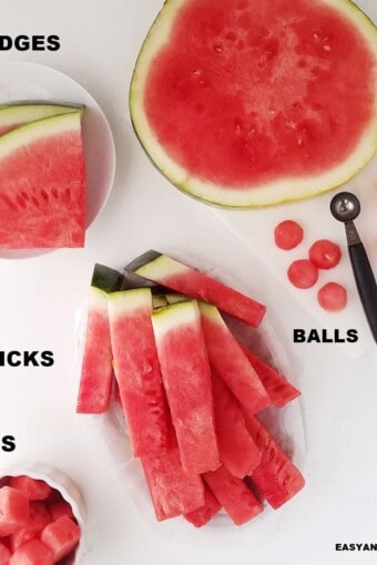 image showing 6 differents to cut watermelon (sticks, balls, shapes, cubes, wedges, and rounds).
