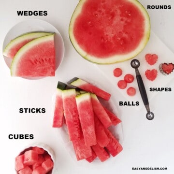 image showing 6 differents to cut watermelon (sticks, balls, shapes, cubes, wedges, and rounds).