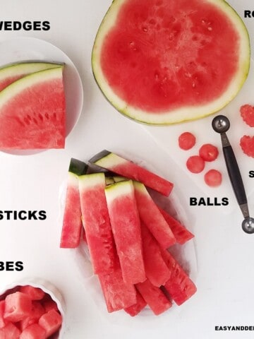 image showing 6 differents to cut watermelon (sticks, balls, shapes, cubes, wedges, and rounds).