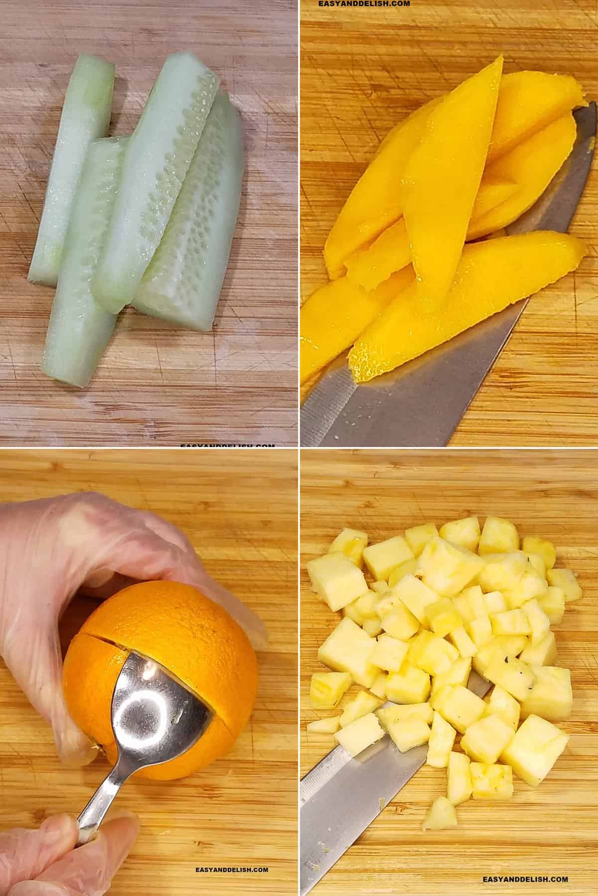 image collage showing fresh produce cut on a cutting board. 
