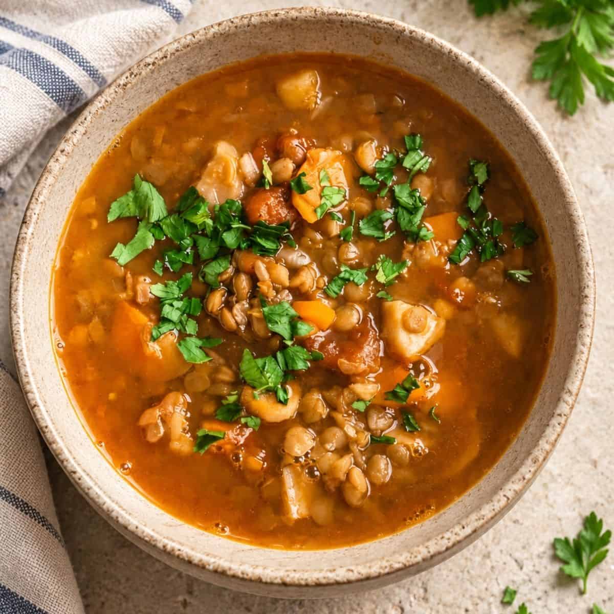 Overhead view of beef lentil soup with carrots and fresh parsley in a bowl.