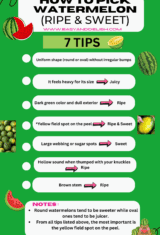 chart listing 7 tips for how to pick watermelon that is ripe and sweet.