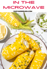 pin showing unshucked and also shucked and cooked ears of corn on the cob in a plate.