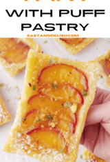 pin showing close up of a peach tart with puff pastry base being holded up.