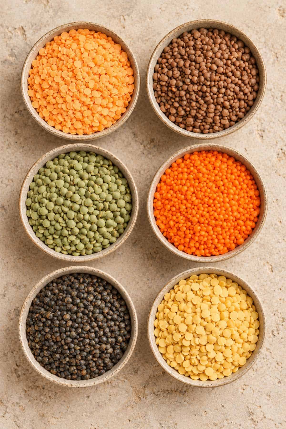 Six bowls of dried lentils in orange, brown, green, black, and pale yellow varieties.