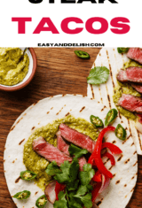 pin showing grilled flank steak tacos with toppings on the side.