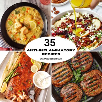 Collage showing anti-inflammatory recipes for dinner and breakfast.