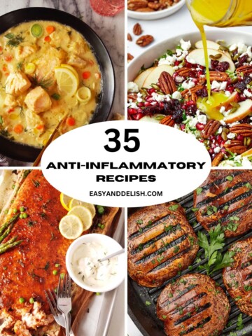 Collage showing anti-inflammatory recipes for dinner and breakfast.