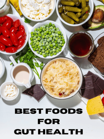 close up of best foods for gut health that include both prebiotic and probiotic foods.