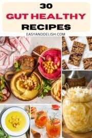 Collage with 5 out 30 gut-friendly recipes.