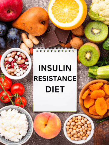 low insuil foods around a sign "insulin resistance diet"