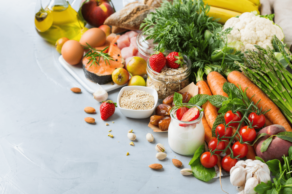 Mediterranean DASH diet foods ona table.