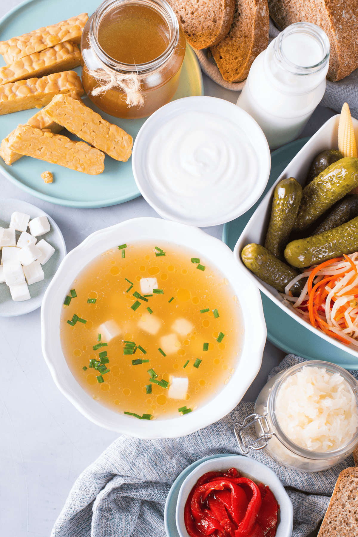 fermented foods that are also probiotics on a table.