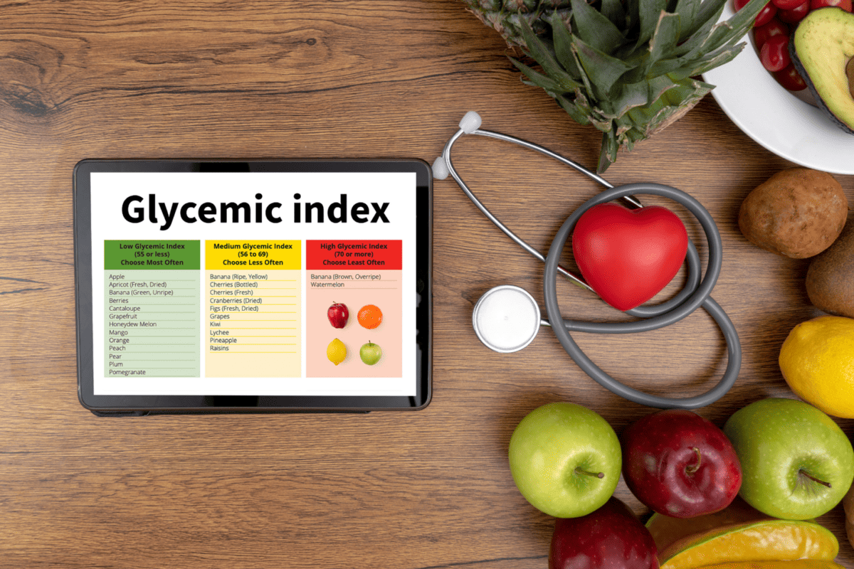 A sign showing a list of foods with low, medium, and high glycemic index plus apples and other things around it.