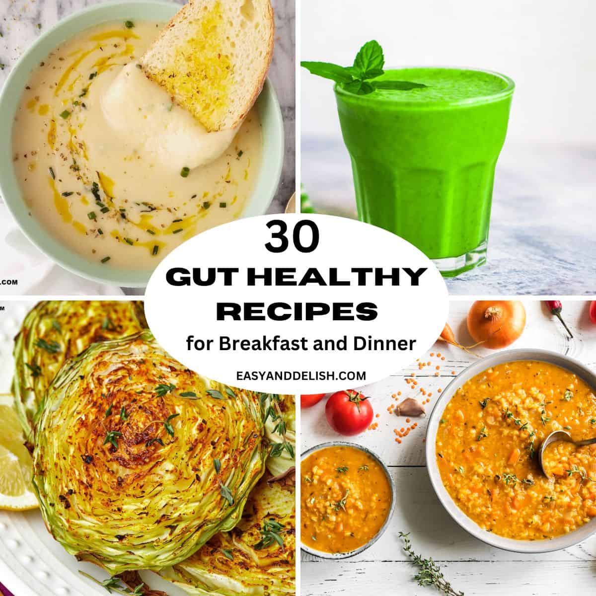 Collage showing 4 out of 30 gut healthy recipes. 