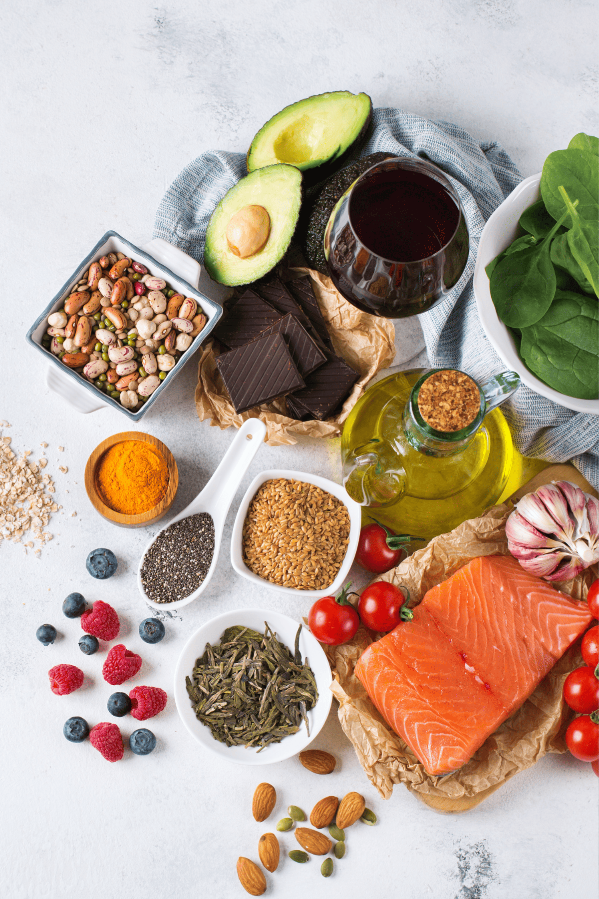 A table full of Mediterranean diet foods.