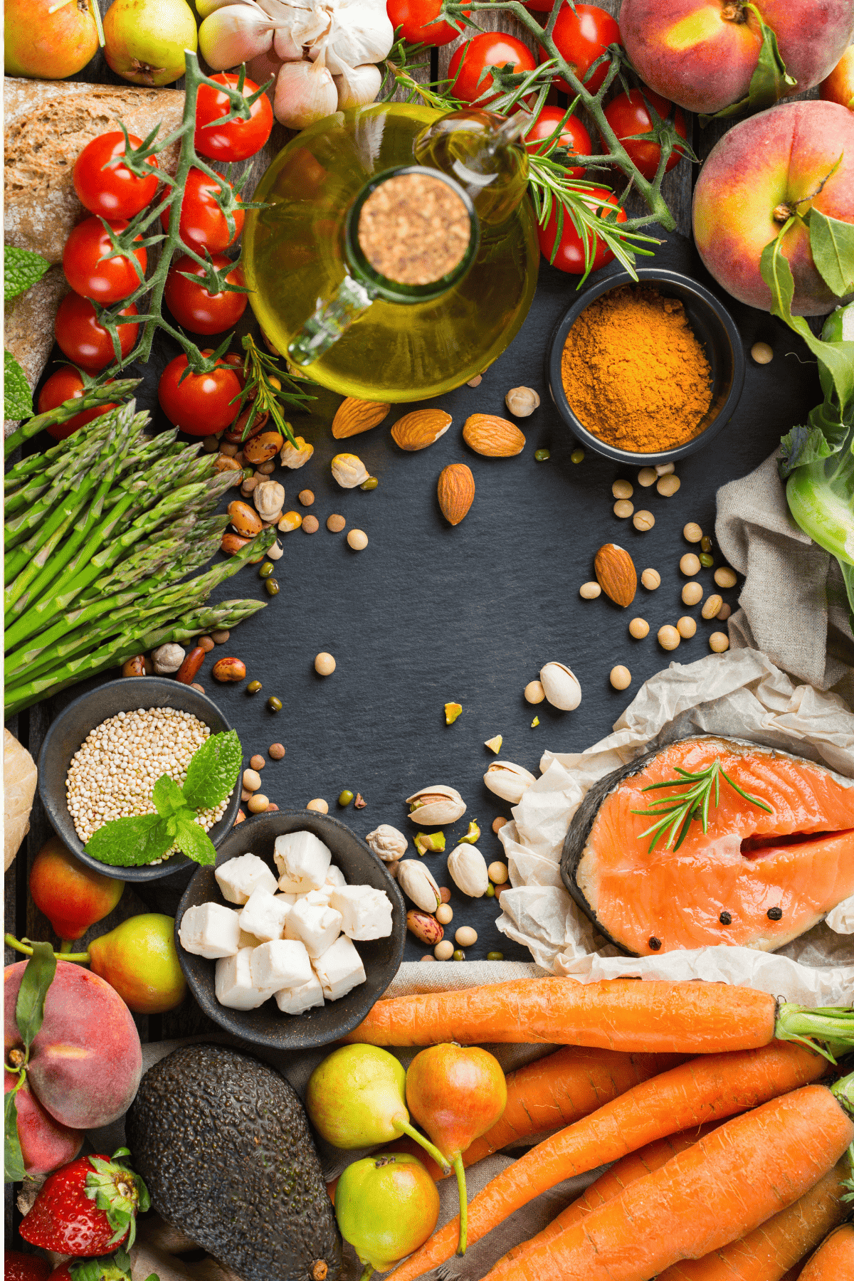 Mediterranean diet foods on a table.