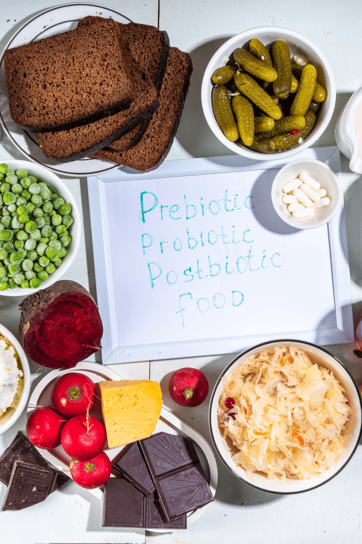 a sign with prebiotic, probiotic, and posbiotic foods and also foods around it.
