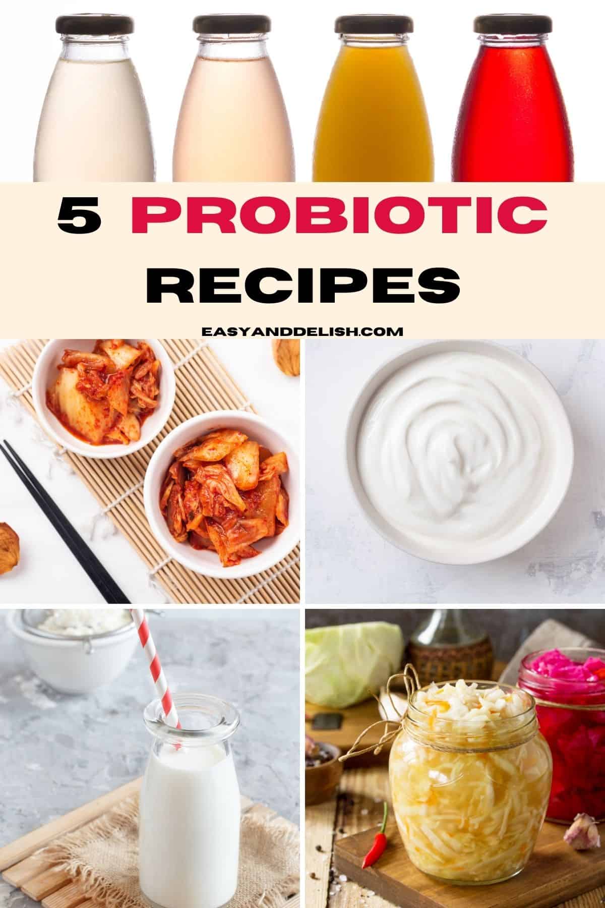 Collage shoing 5 probiotic recipes made at home. 