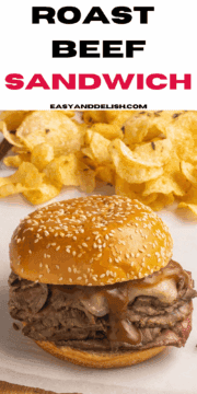 pin showing a close up of a roast beef sandwich with some potato chips on teh background.