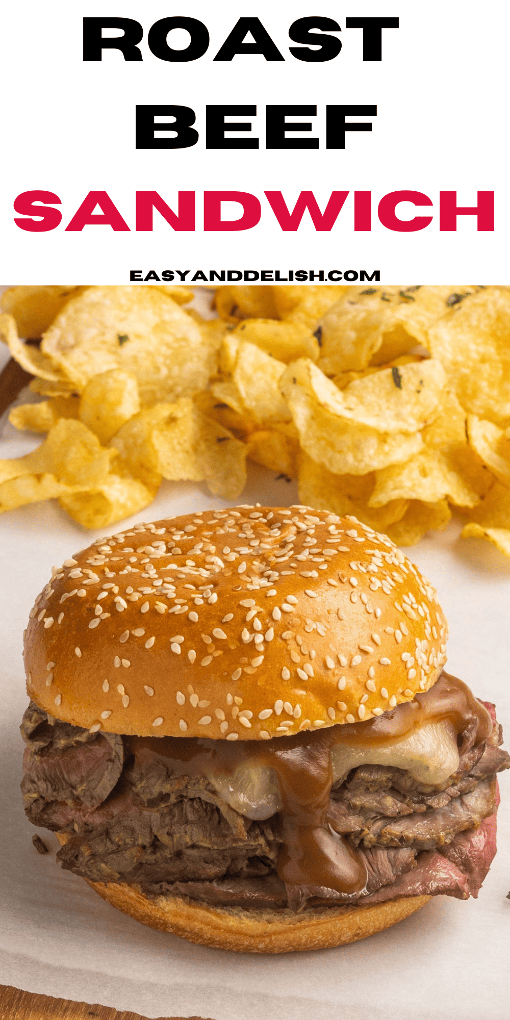 pin showing a close up of a roast beef sandwich with some potato chips on teh background.