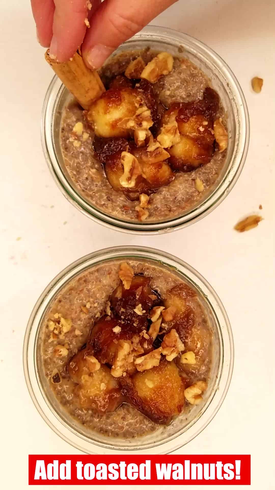 Topping the banana chia seed pudding with chopped walnuts.