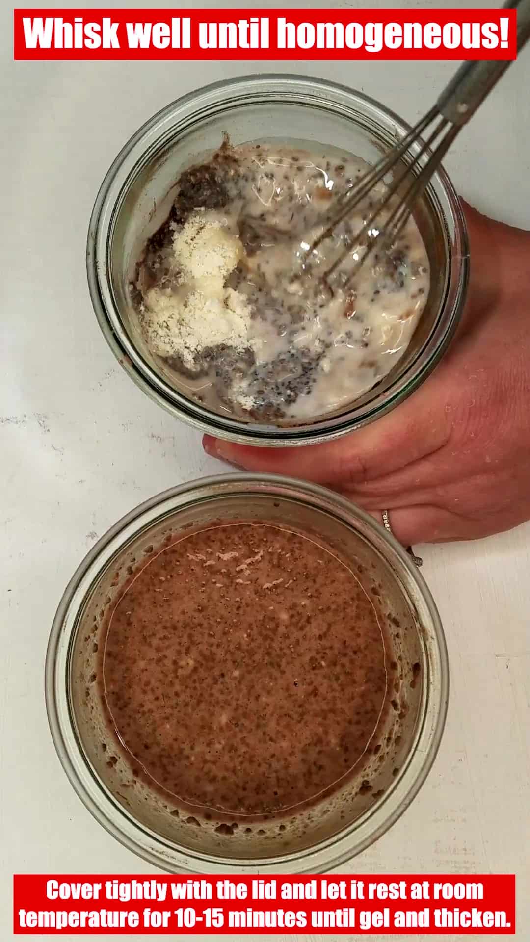 chocolate chia pudding mixed in 2 jars.