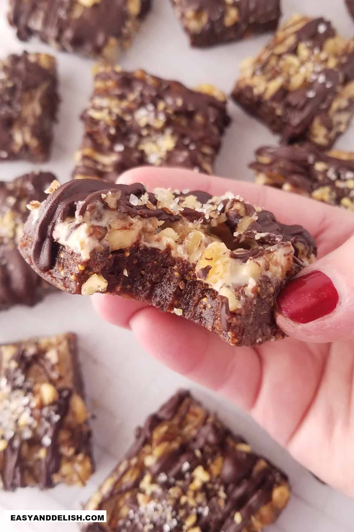 a hand holding a bitted fig bar with some other sitting on a table. 