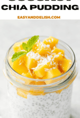 pin showing a jar of mango coconut chia pudding.