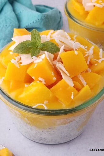 close up of a jar of coconut chia pudding with mango chunks and coconut flakes.
