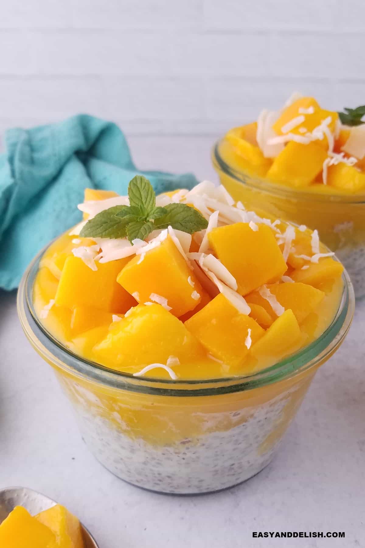 Two jars of coconut chia pudding with mango puree and chunks plus coconut flakes and mint leaves. 