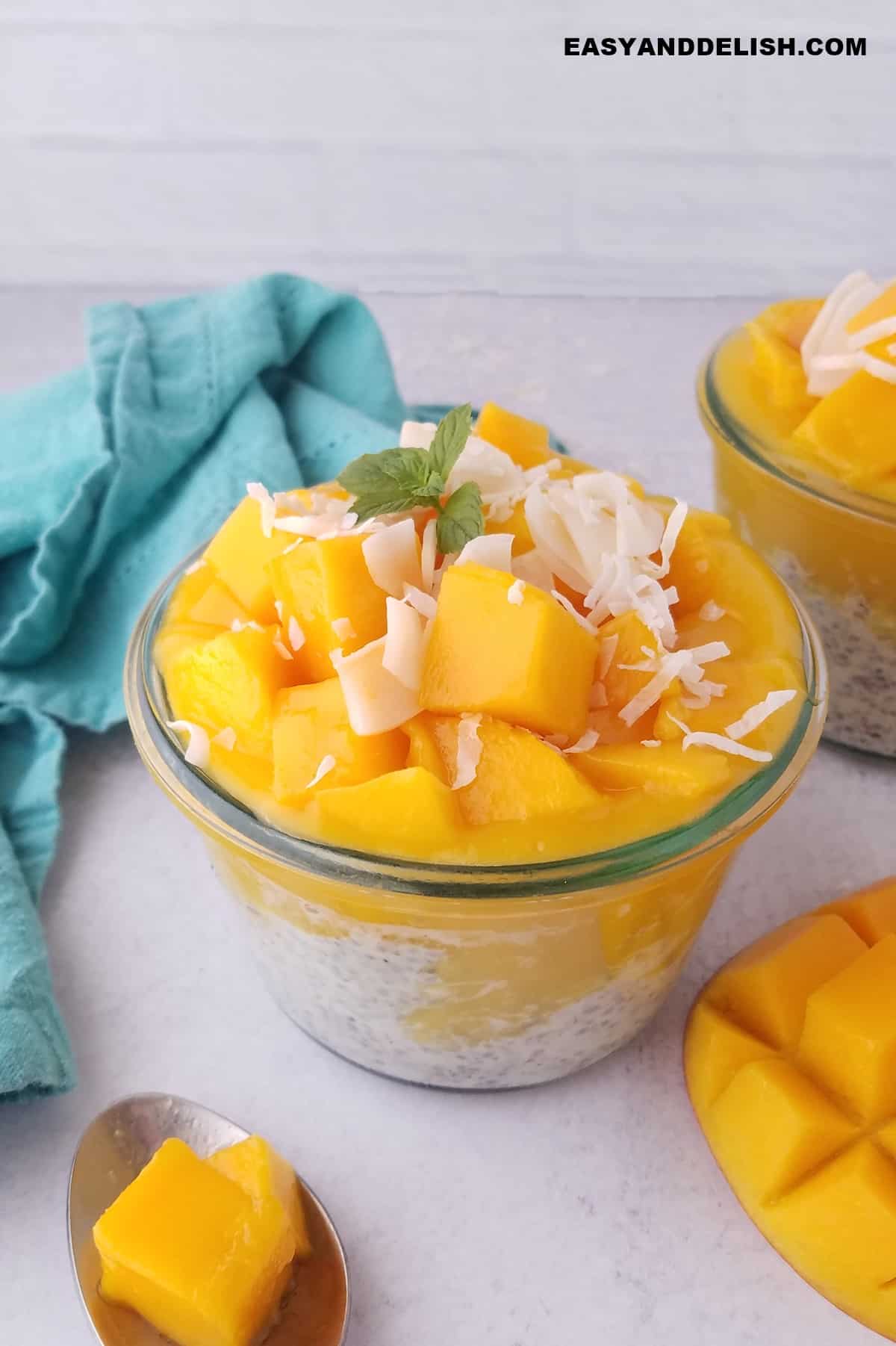 healthy breakfast jars with fruit on the side.