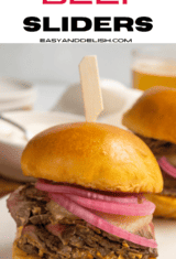 pin showing a close up of a couple of roast beef sliders.