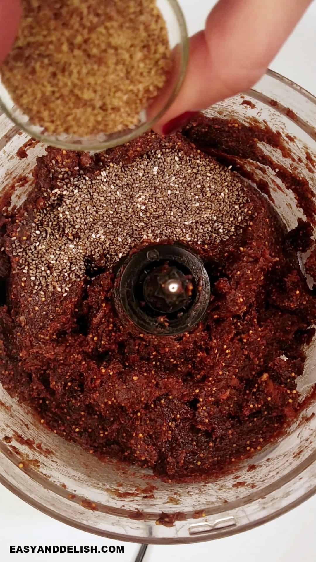 fig paste processed in a food processor with chia seeds and flaxseed meal. 