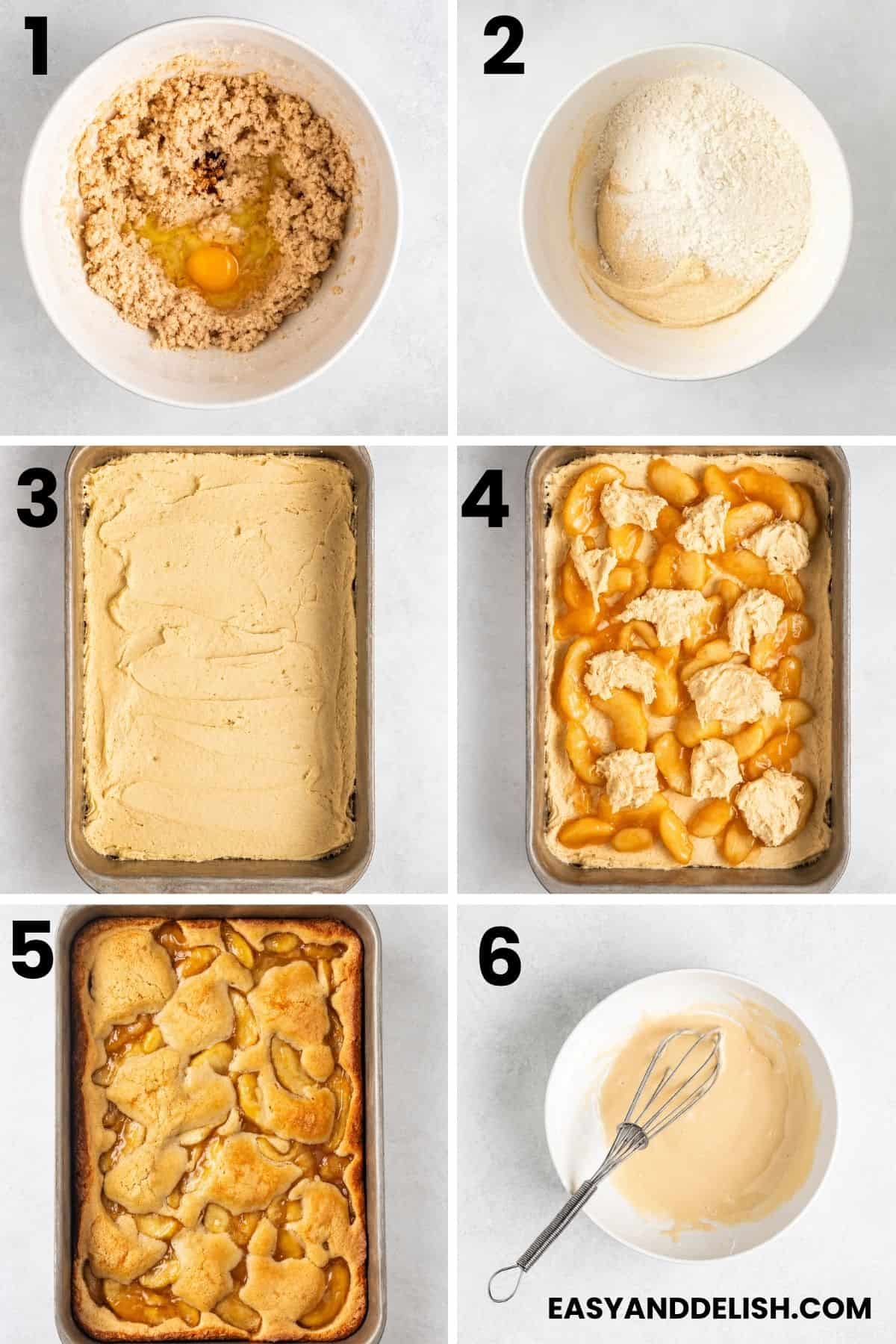 Apple pie bars from mixing the dough through adding the apple filling, baking, and making the vanilla glaze.