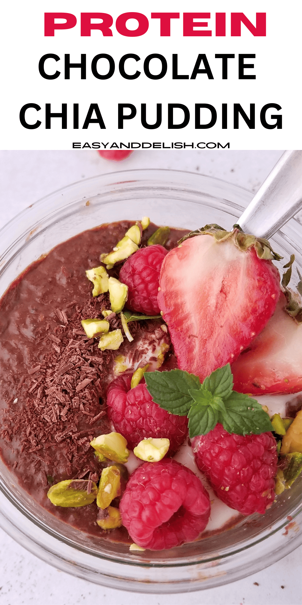 pin of protein chia pudding in a jar.