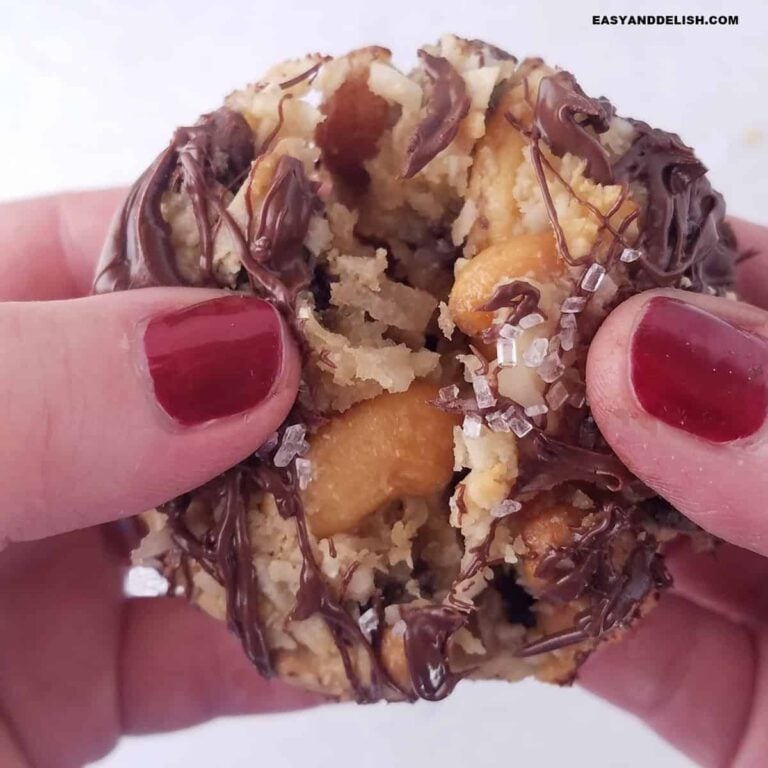 close up of one 7 layer cookie being teared apart.