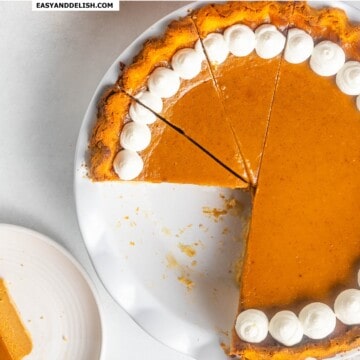 close up of a partially sliced keto pumpkin pie.